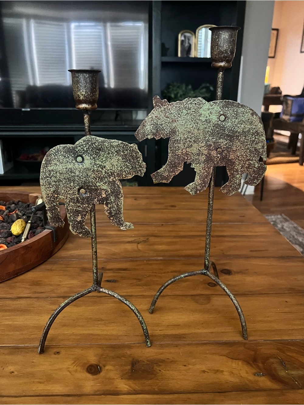 Rustic Metal Bear Candle Holders - Green Patina